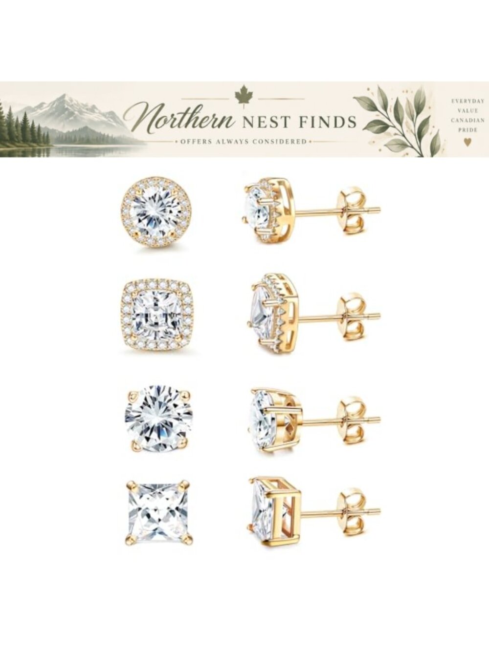 Cubic Zirconia Halo Stud Earrings 18K Gold Plated Sterling Silver Post
